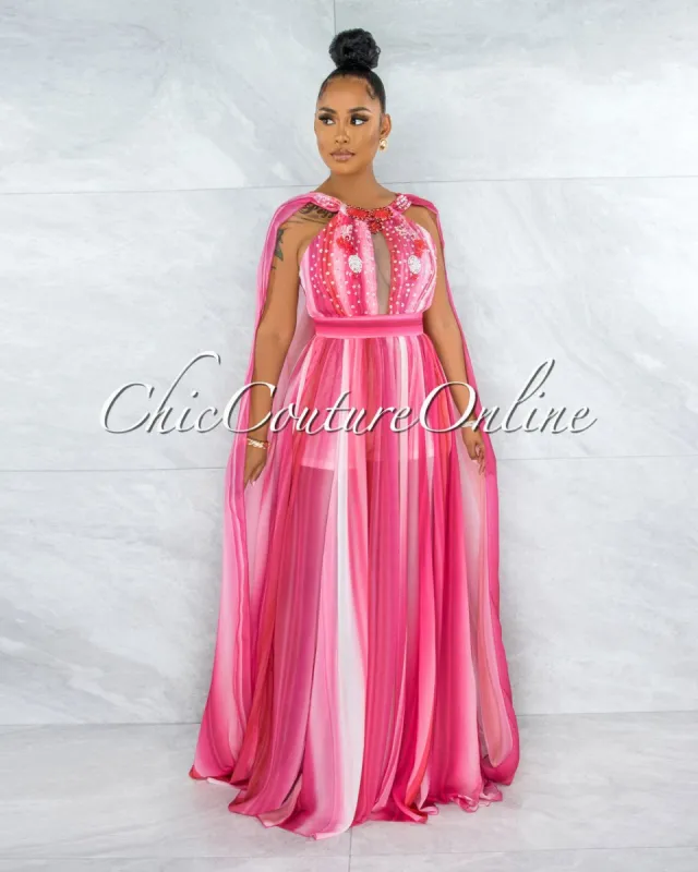 *Wandella Fuchsia Stripes Sequins Halter Maxi Dress sold by Chic Couture
