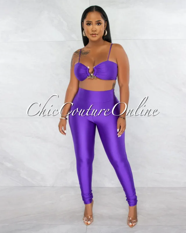 Azuba Purple Gold Accent Crop Top & Leggings Set sold by Chic Couture