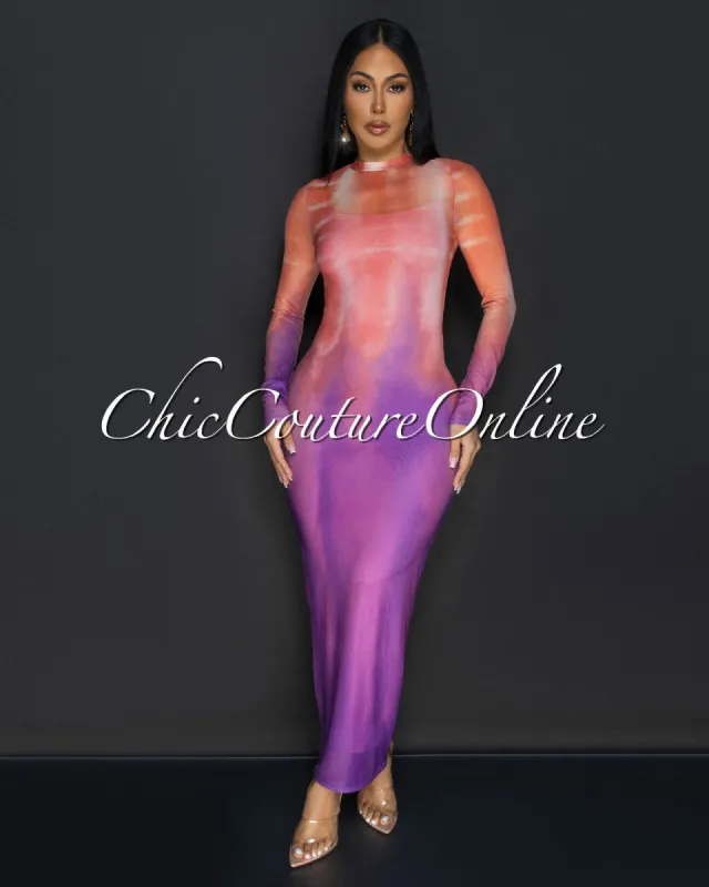 Cleon Peach Purple Mesh Sheer Maxi Dress sold by Chic Couture
