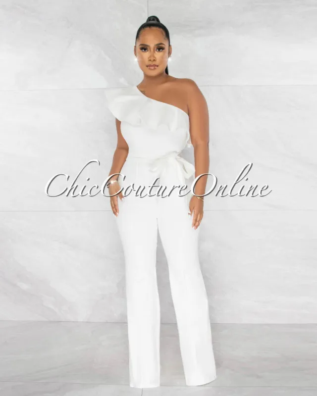 Sabine Off-White Sigle Shoulder Ruffle Details Denim Jumpsuit sold by Chic Couture