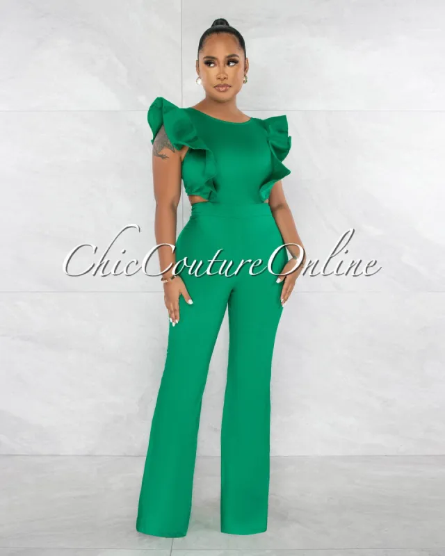 Porter Kelly Green Ruffle Details Jumpsuit sold by Chic Couture