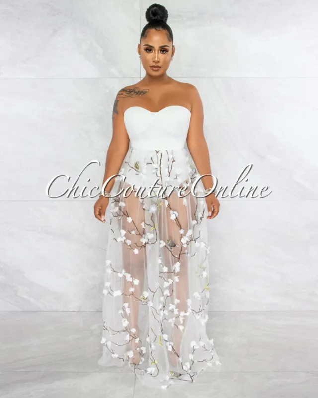 *Teleria White Embroidery Tulle Bodysuit Maxi Dress sold by Chic Couture