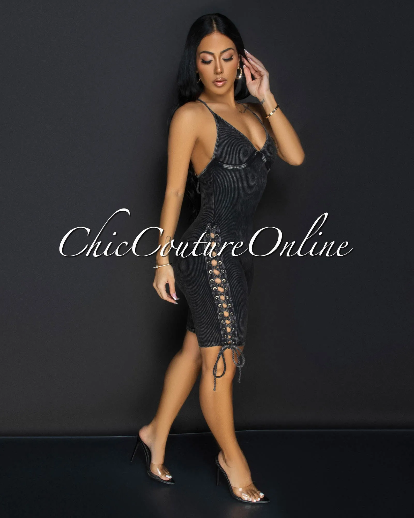 Daya Heather Black Ribbed Lace-Up Sides Romper sold by Chic Couture product image thumbnail 2