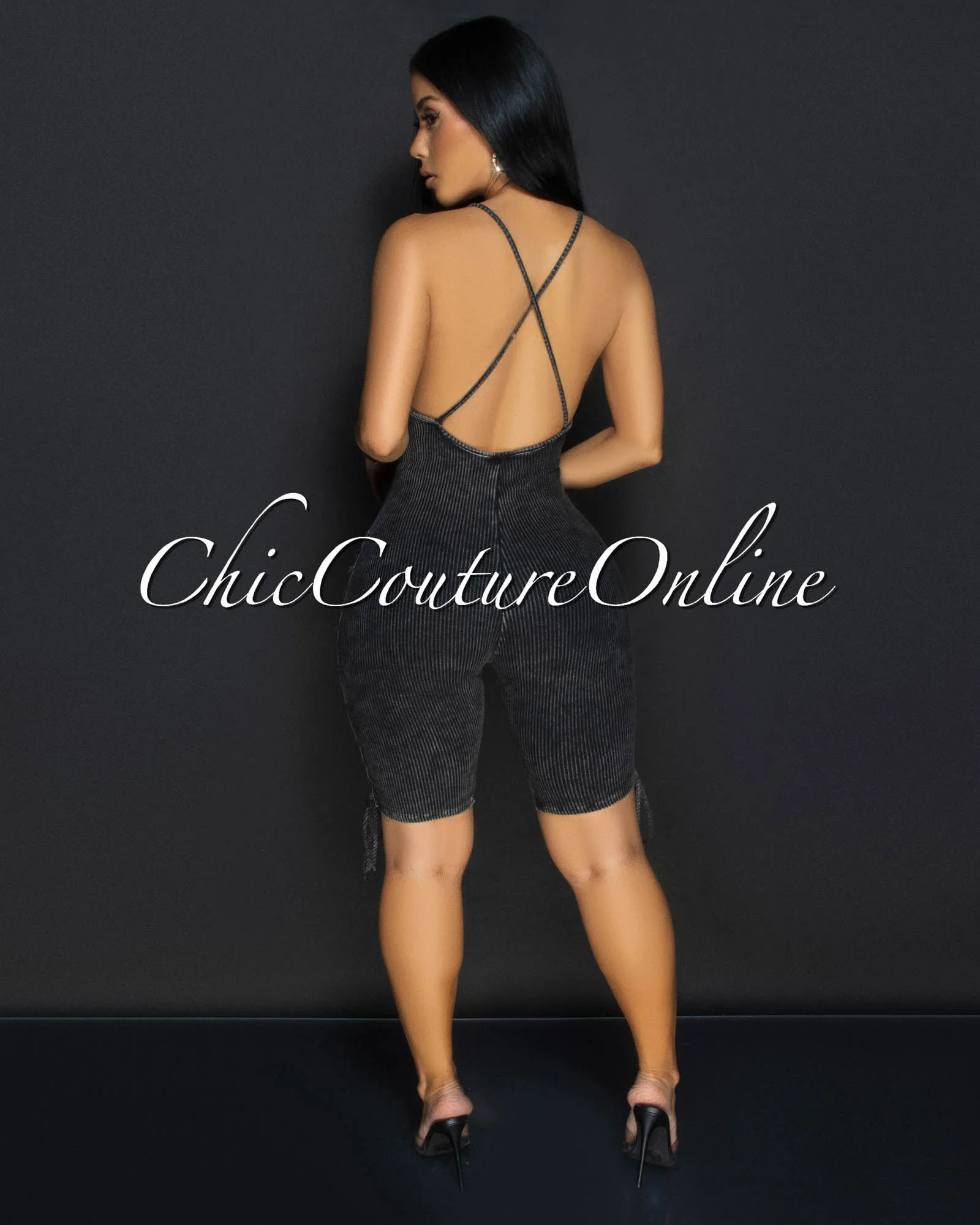 Daya Heather Black Ribbed Lace-Up Sides Romper sold by Chic Couture product image thumbnail 3