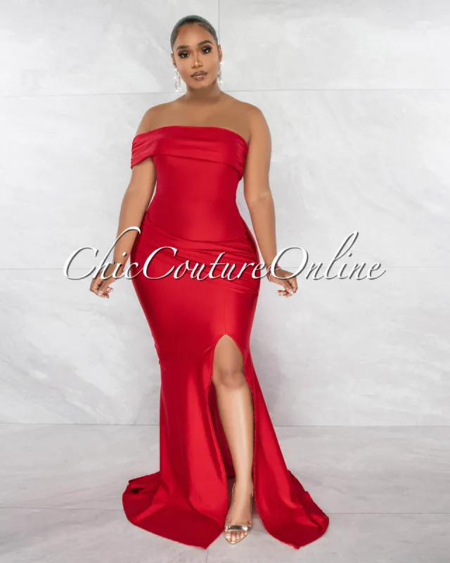 *Hender Red Drape Single Shoulder Side Slit Maxi Dress sold by Chic Couture