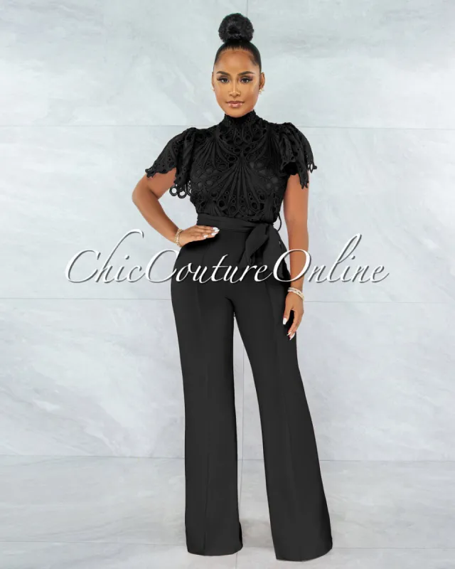 *Charity Black Crochet See-Thru Top Ruffle Sleeves Jumpsuit sold by Chic Couture
