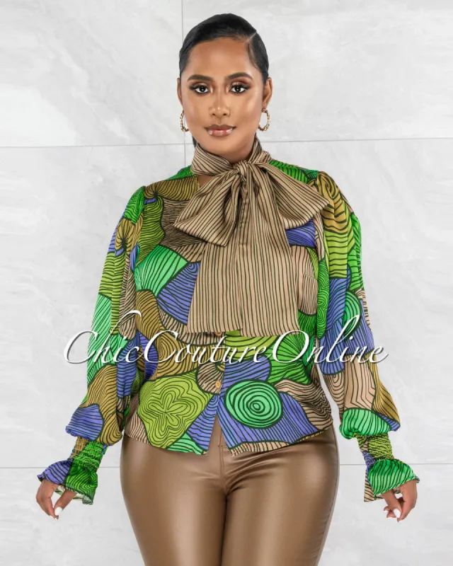 *Lorna Green Multi-Color Print Neck Tie Luxe Blouse sold by Chic Couture