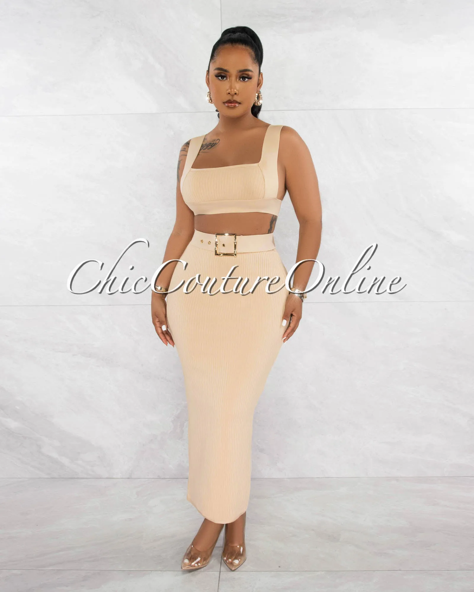 *Megan Nude Crop Top & Belted Maxi Skirt Bandage Set sold by Chic Couture product image thumbnail 2