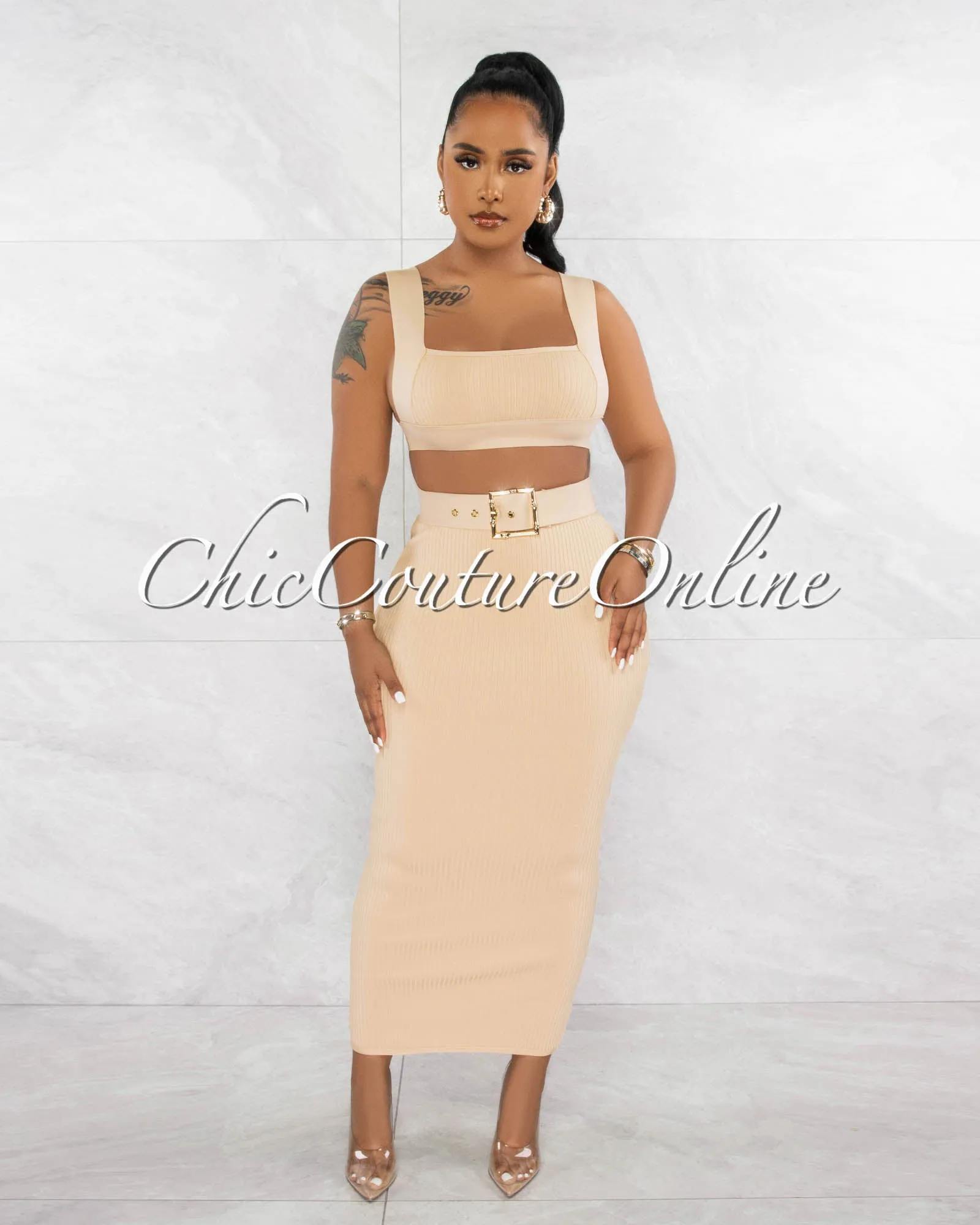 *Megan Nude Crop Top & Belted Maxi Skirt Bandage Set sold by Chic Couture
