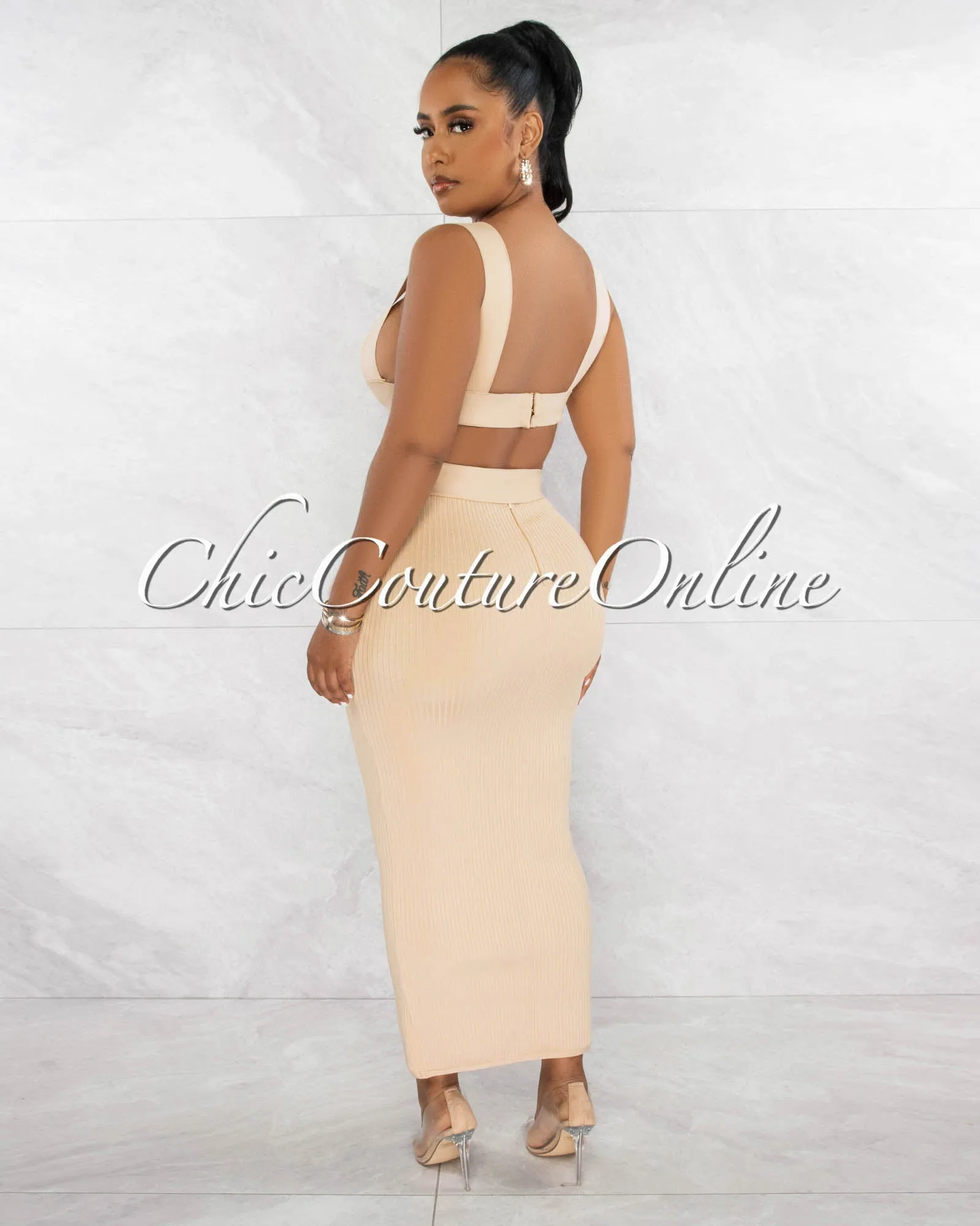 *Megan Nude Crop Top & Belted Maxi Skirt Bandage Set sold by Chic Couture product image thumbnail 3