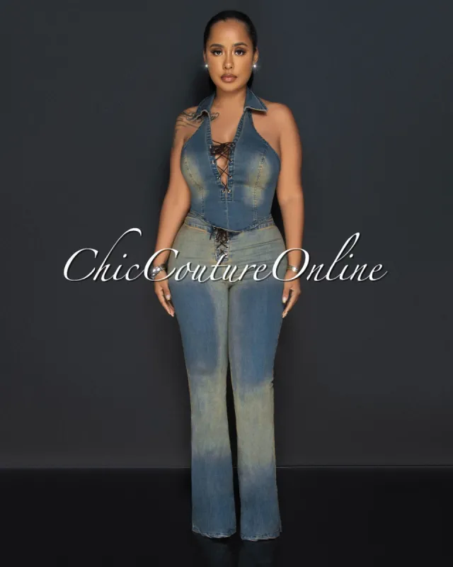 Destiny Dark Blue Brown Halter Top & Lace-Up Jeans Set sold by Chic Couture