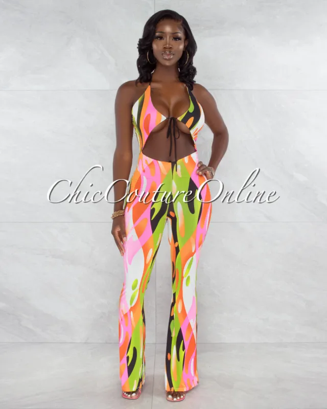 Shandy Multi-Neon Color Print Front Cut-Out Jumpsuit sold by Chic Couture