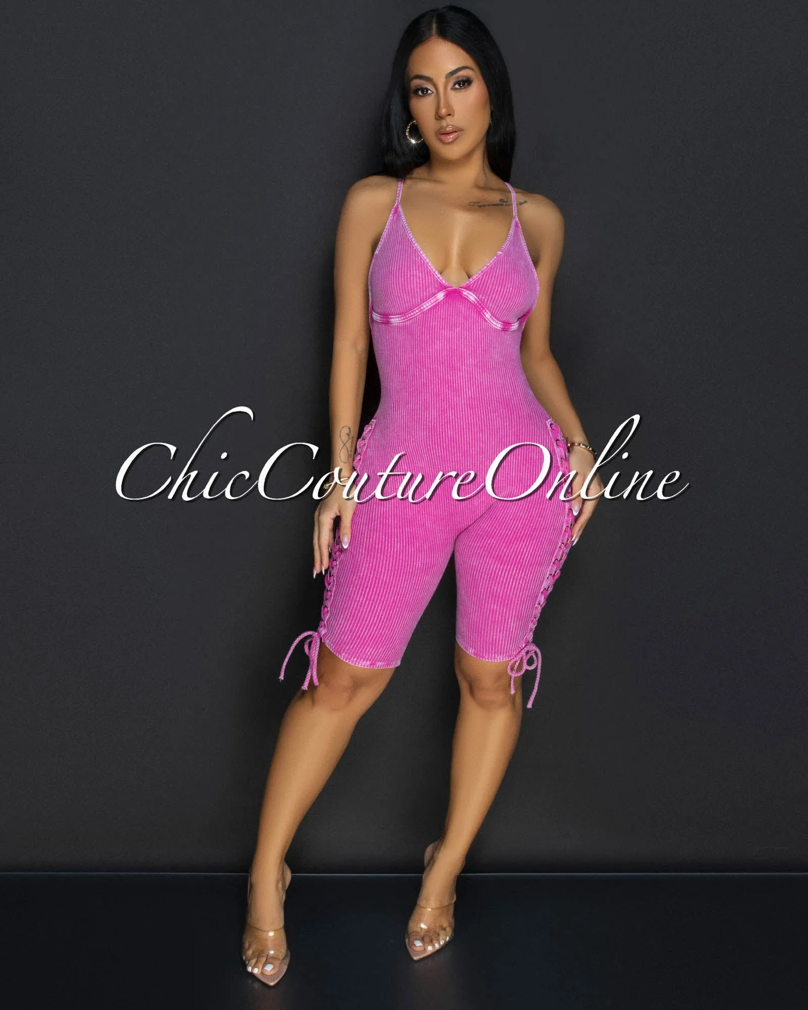 Daya Pink Ribbed Lace-Up Sides Romper sold by Chic Couture