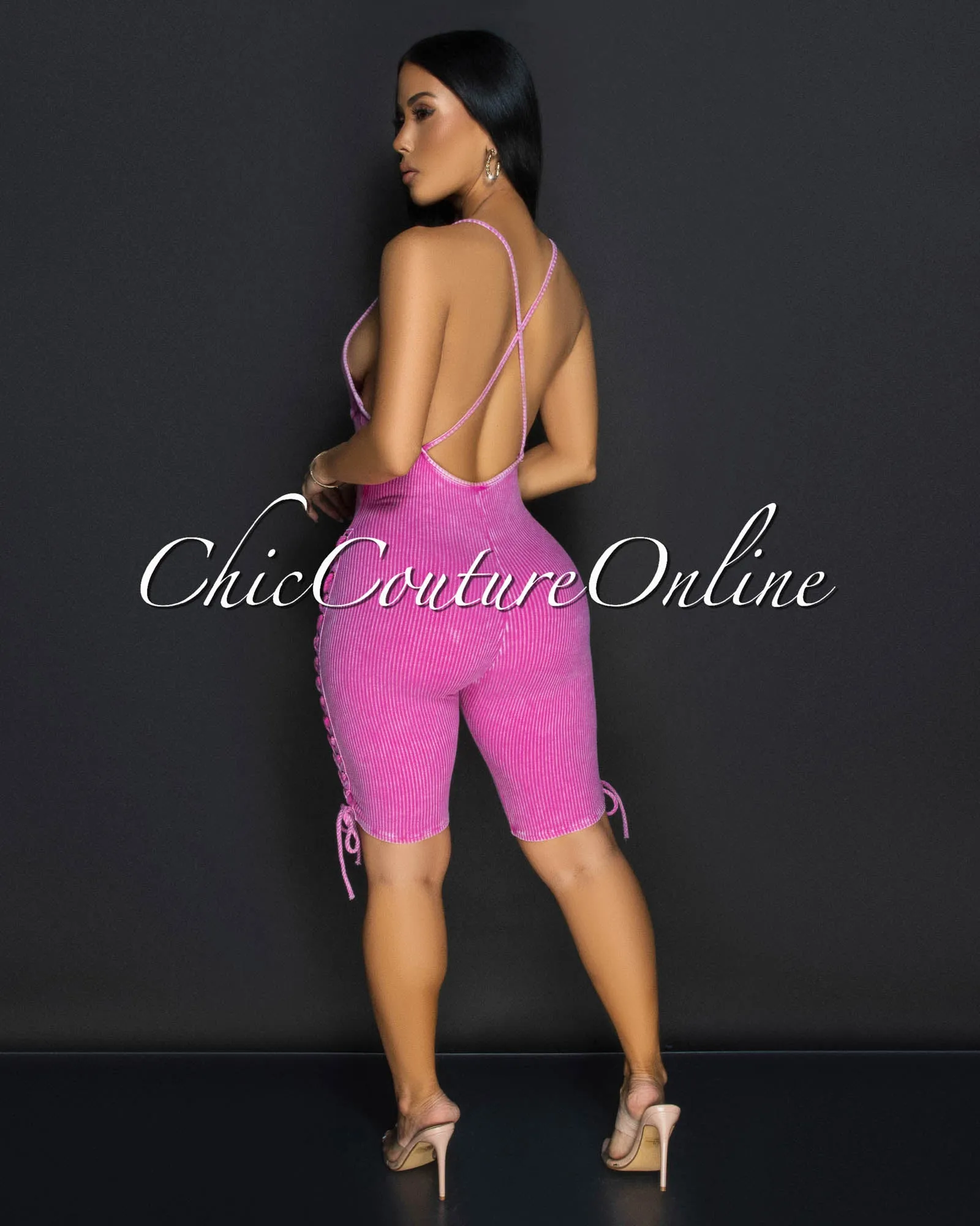 Daya Pink Ribbed Lace-Up Sides Romper sold by Chic Couture product image thumbnail 3