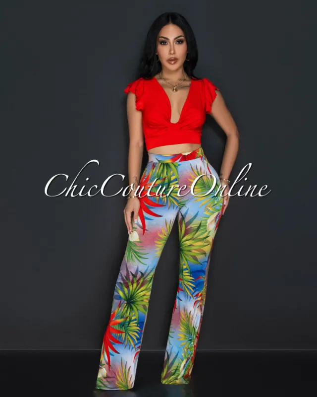 Sariah Red Tropical Ruffle Crop Top & Wide Legs Set sold by Chic Couture
