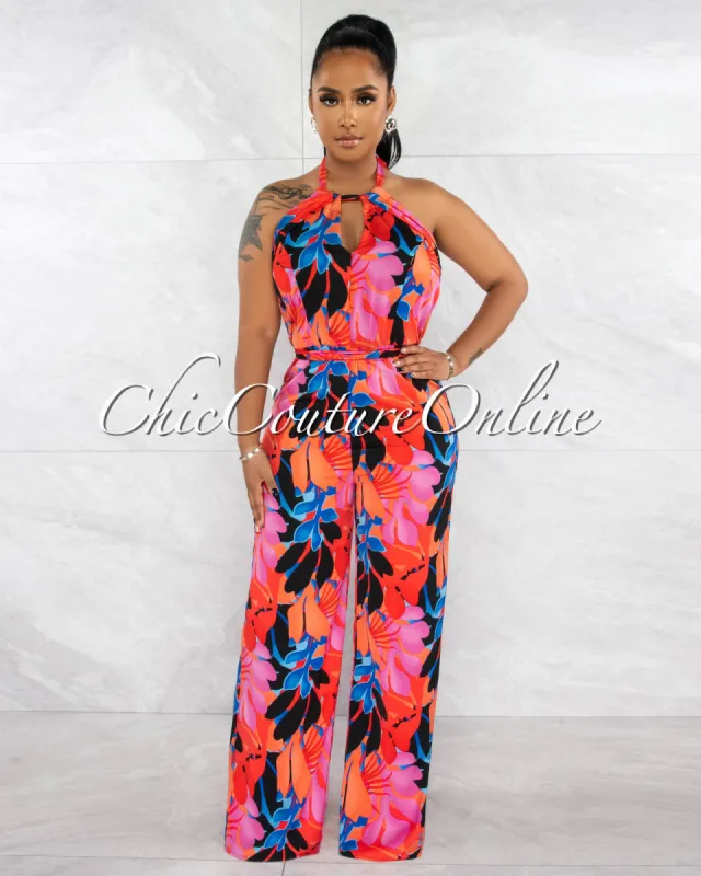 *Grabbie Black Red Multi-Color Print Halter Jumpsuit sold by Chic Couture