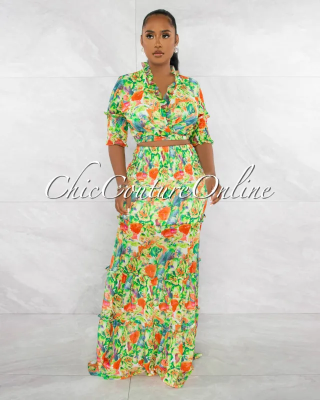 *Layna Green Multi-Color Print Smocked Two Piece Skirt Set sold by Chic Couture