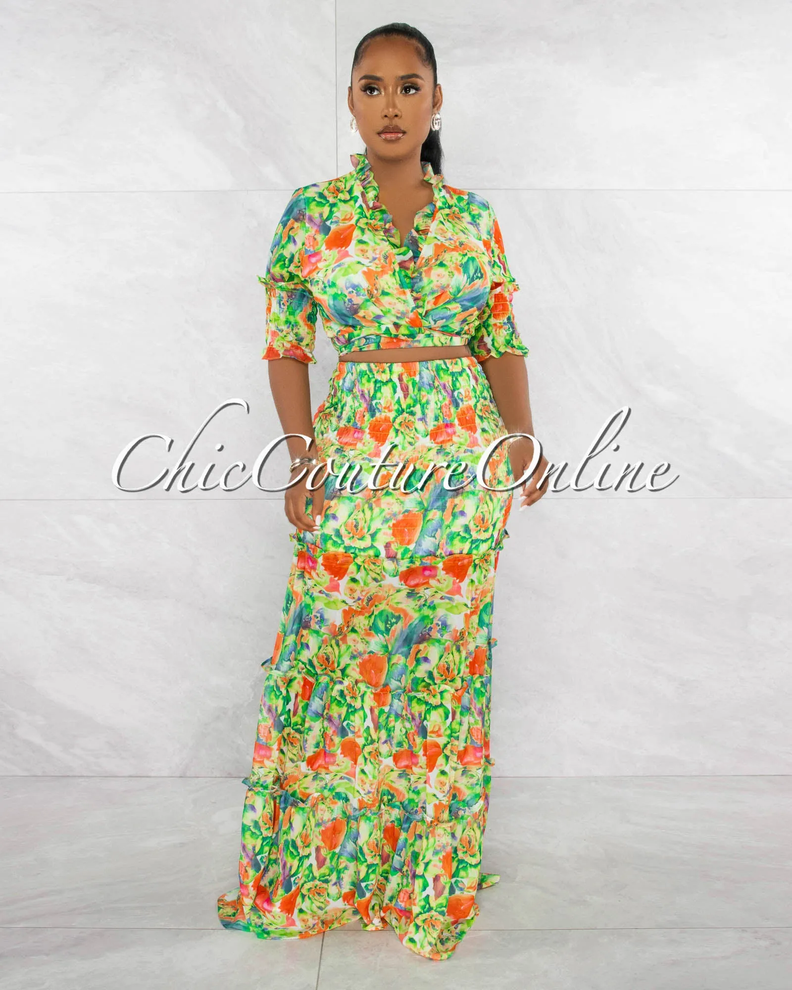 *Layna Green Multi-Color Print Smocked Two Piece Skirt Set sold by Chic Couture