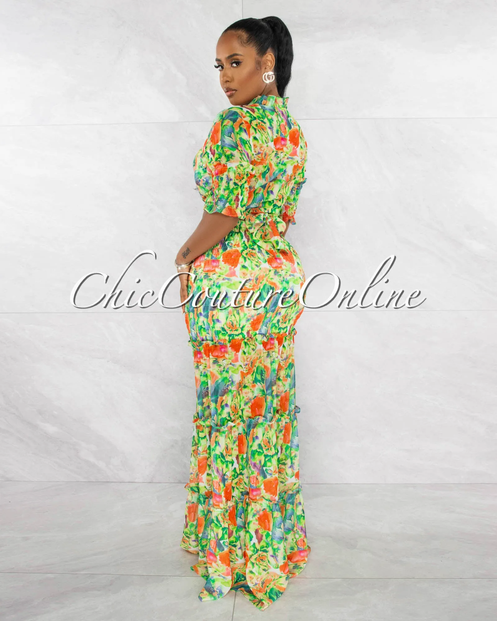 *Layna Green Multi-Color Print Smocked Two Piece Skirt Set sold by Chic Couture product image thumbnail 3