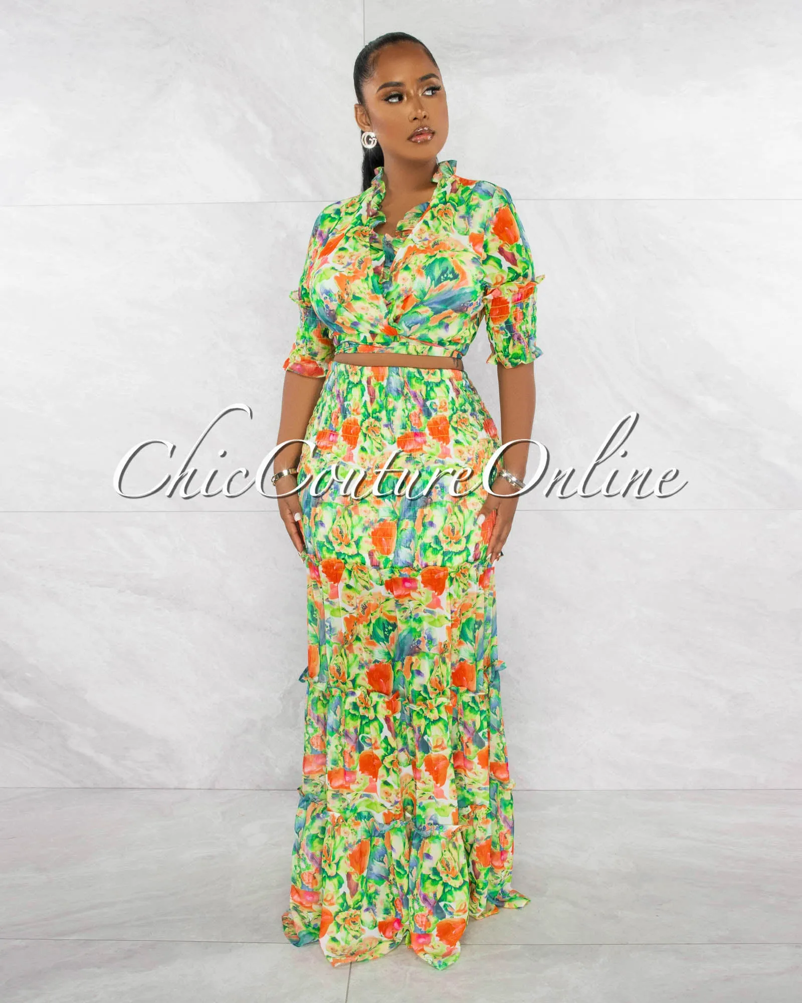 *Layna Green Multi-Color Print Smocked Two Piece Skirt Set sold by Chic Couture product image thumbnail 2