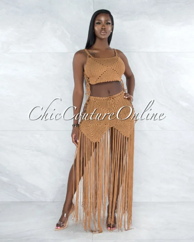 *Benji Mocha Crochet Cover-Up Lace-Up Fringe Set sold by Chic Couture