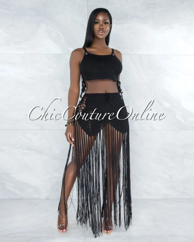 *Benji Black Crochet Cover-Up Lace-Up Fringe Set sold by Chic Couture