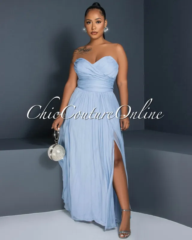 Desina Dusty Blue Draped Crop Top & Pleated Maxi Skirt Set sold by Chic Couture