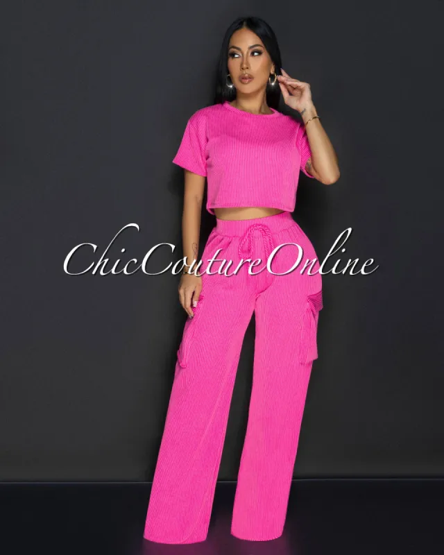 Myna Pink Ribbed Crop Top & Cargo Pants Set sold by Chic Couture