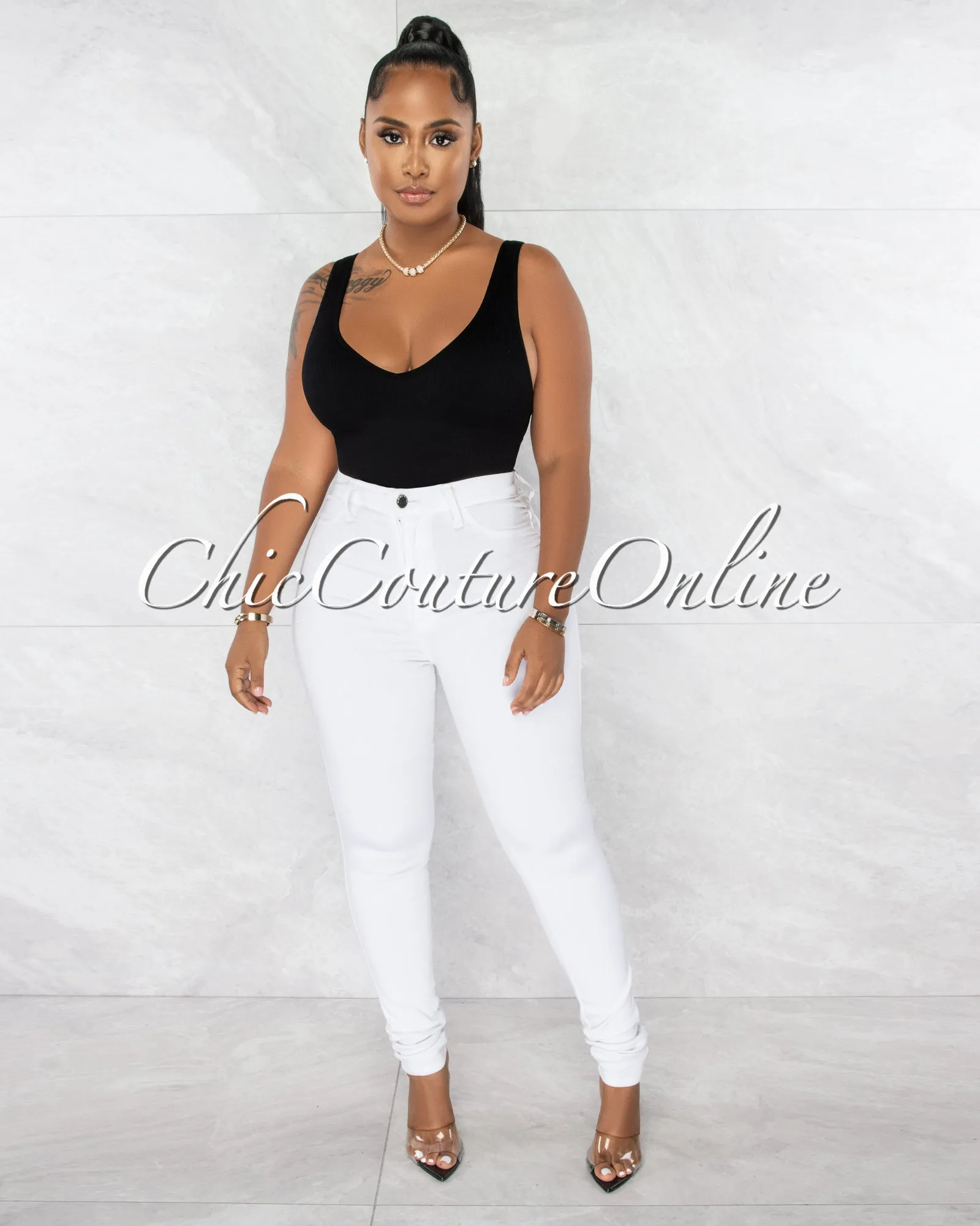 *Chelsea White Denim High-Waist Skinny Jeans sold by Chic Couture