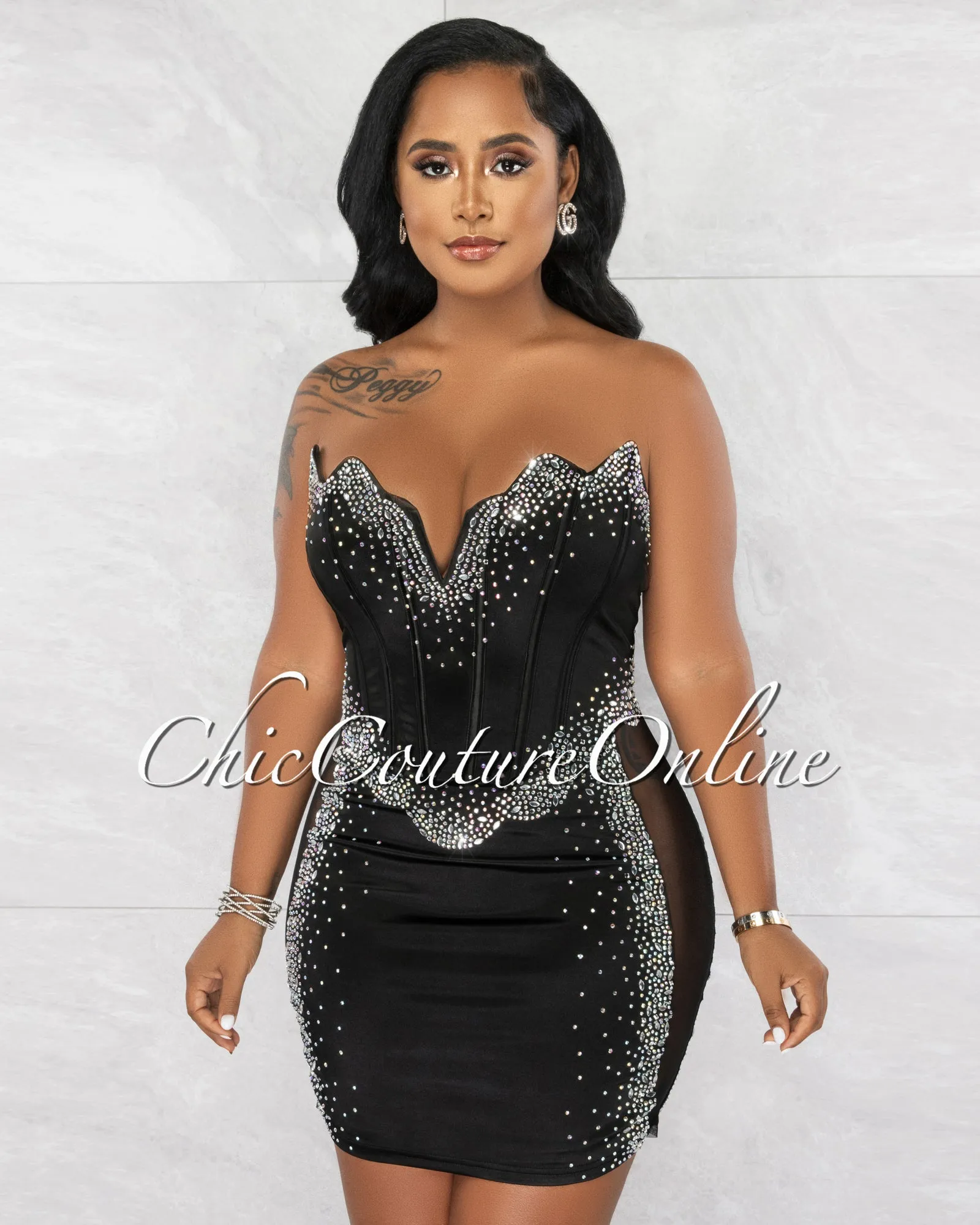 *Emporio Black Rhinestones Silky Mesh Sheer Sides Mini Dress sold by Chic Couture