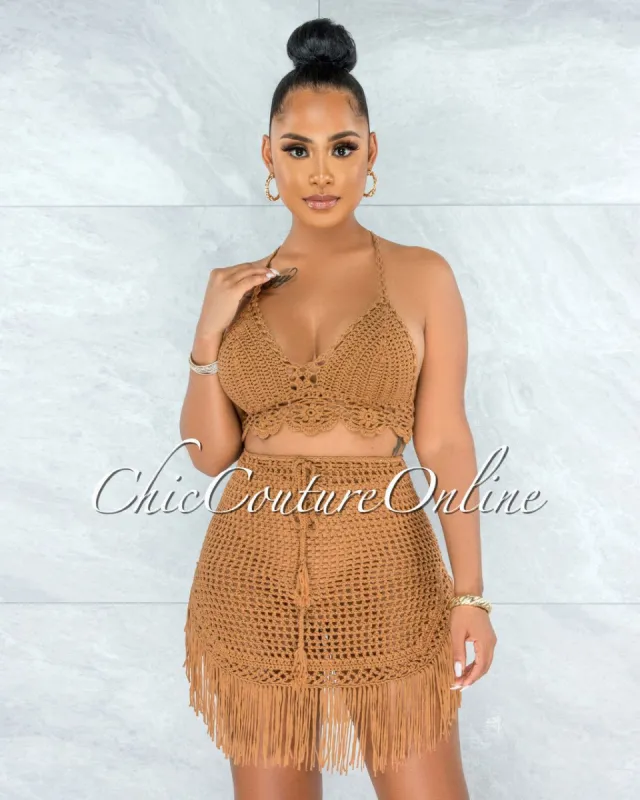 Dodge Mocha Crochet Cover-Up Fringe Skirt Set sold by chic