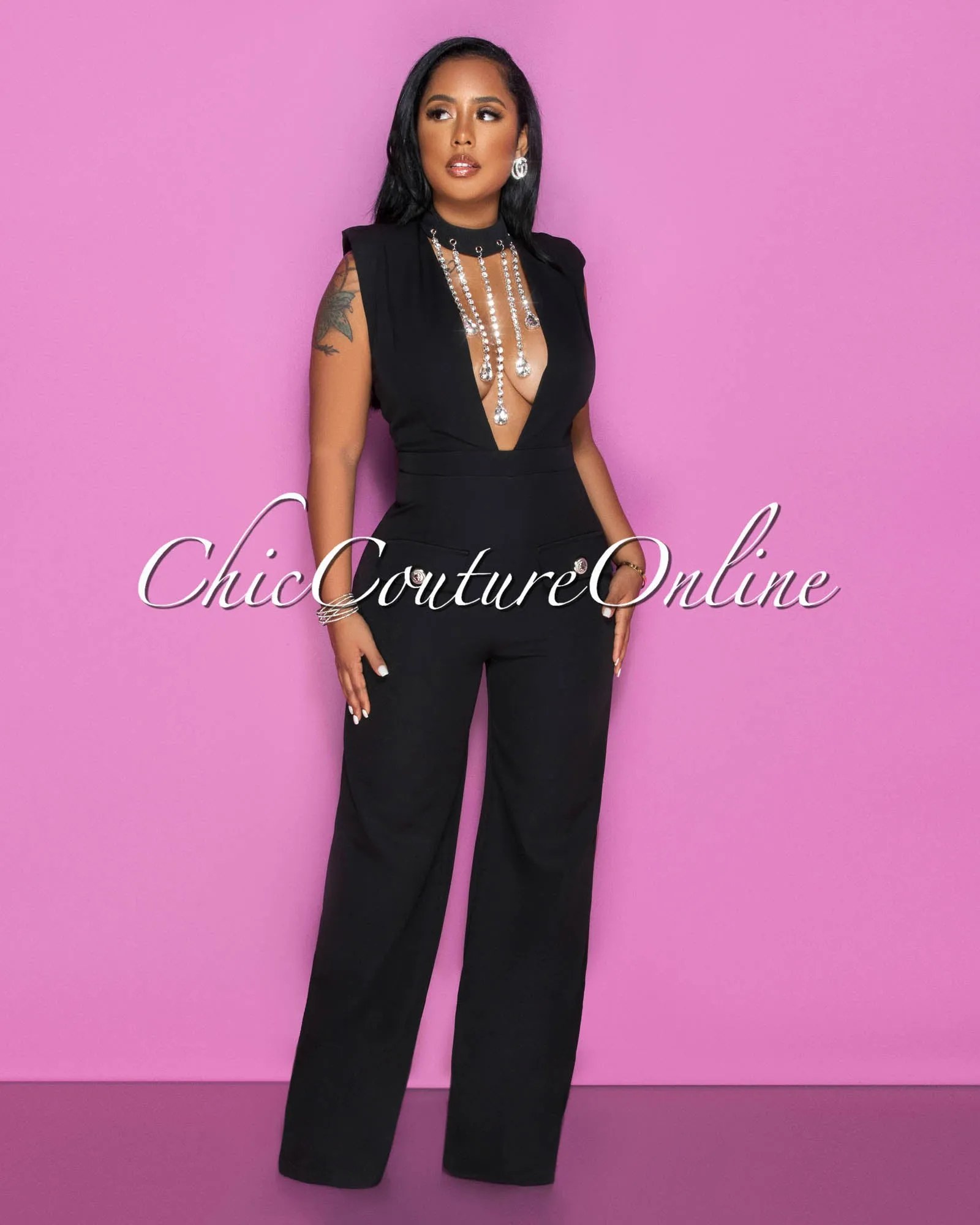 *Dionne Black Bust Rhinestones Accent Jumpsuit sold by Chic Couture product image thumbnail 2