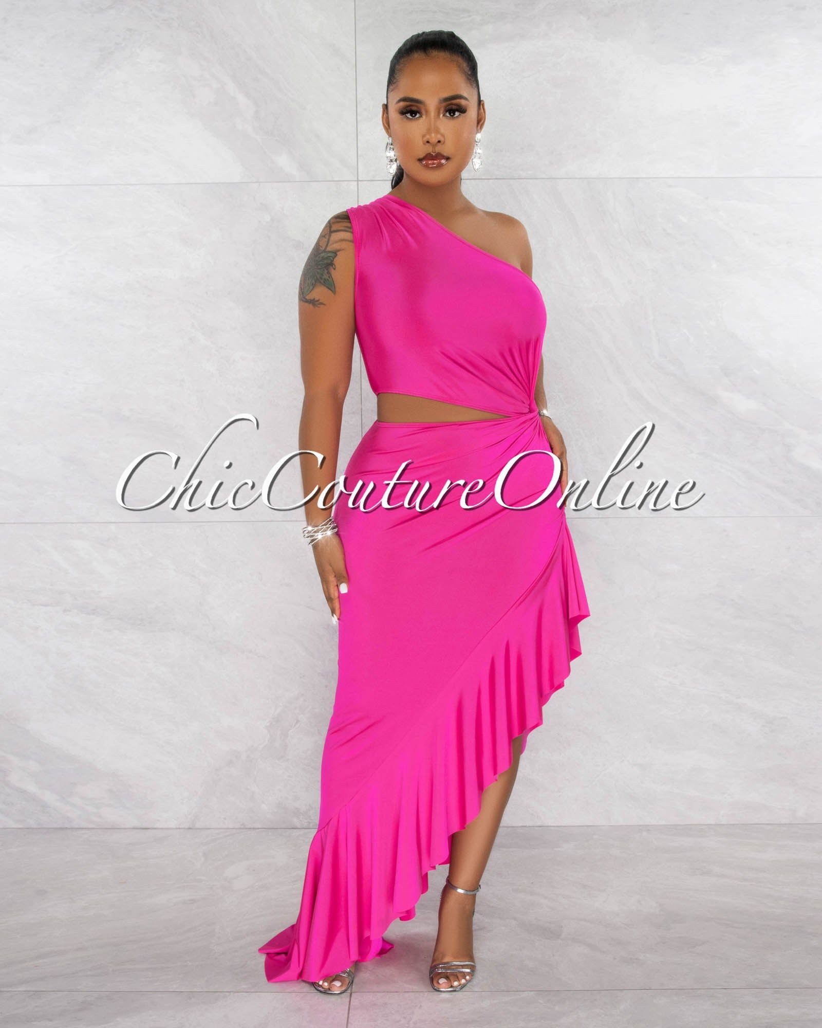 Nilia Fuchsia Cut-Out Hi-Lo Ruffle Hem Maxi Dress sold by Chic Couture product image thumbnail 2