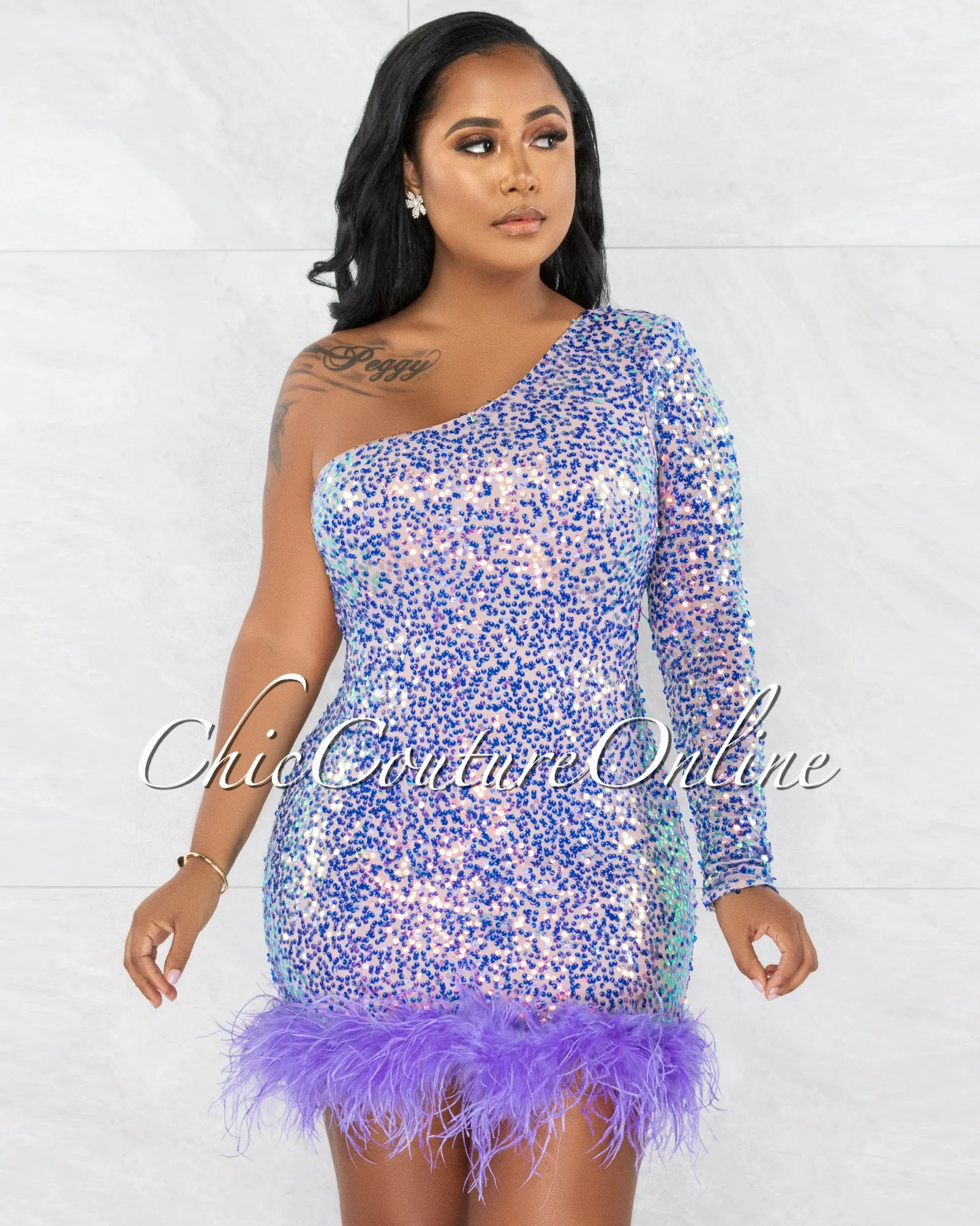 *Mylena Purple Sequins Feathers Hem Single Shoulder Mini Dress sold by Chic Couture
