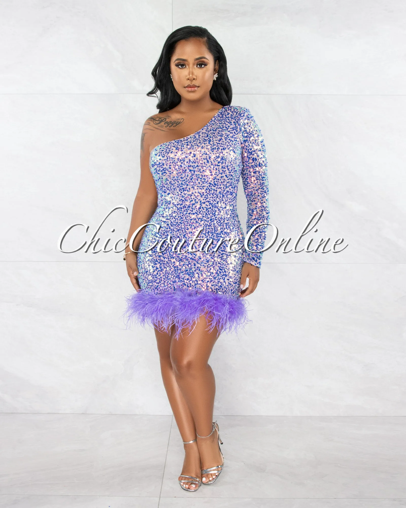 *Mylena Purple Sequins Feathers Hem Single Shoulder Mini Dress sold by Chic Couture product image thumbnail 2