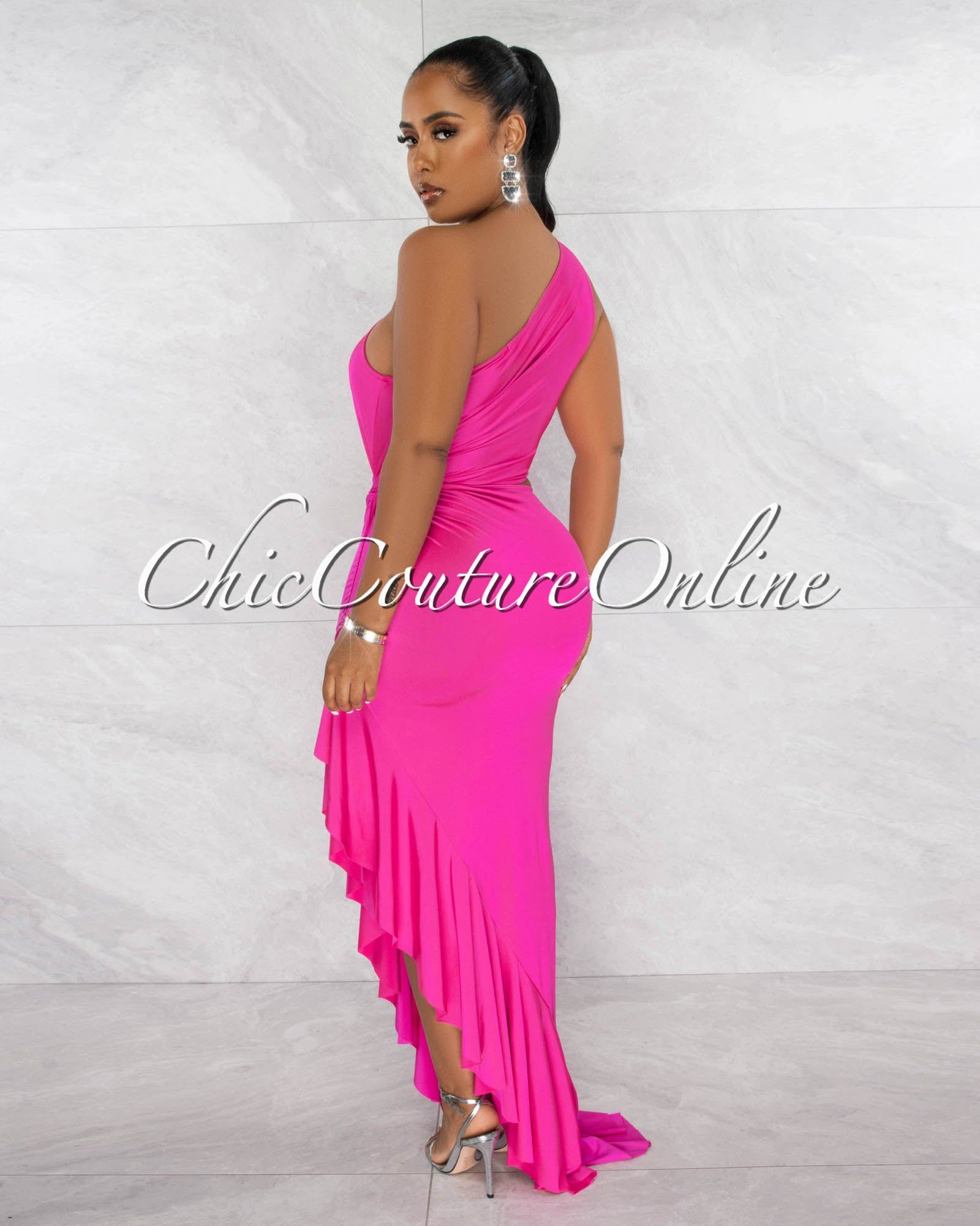 Nilia Fuchsia Cut-Out Hi-Lo Ruffle Hem Maxi Dress sold by Chic Couture product image thumbnail 3