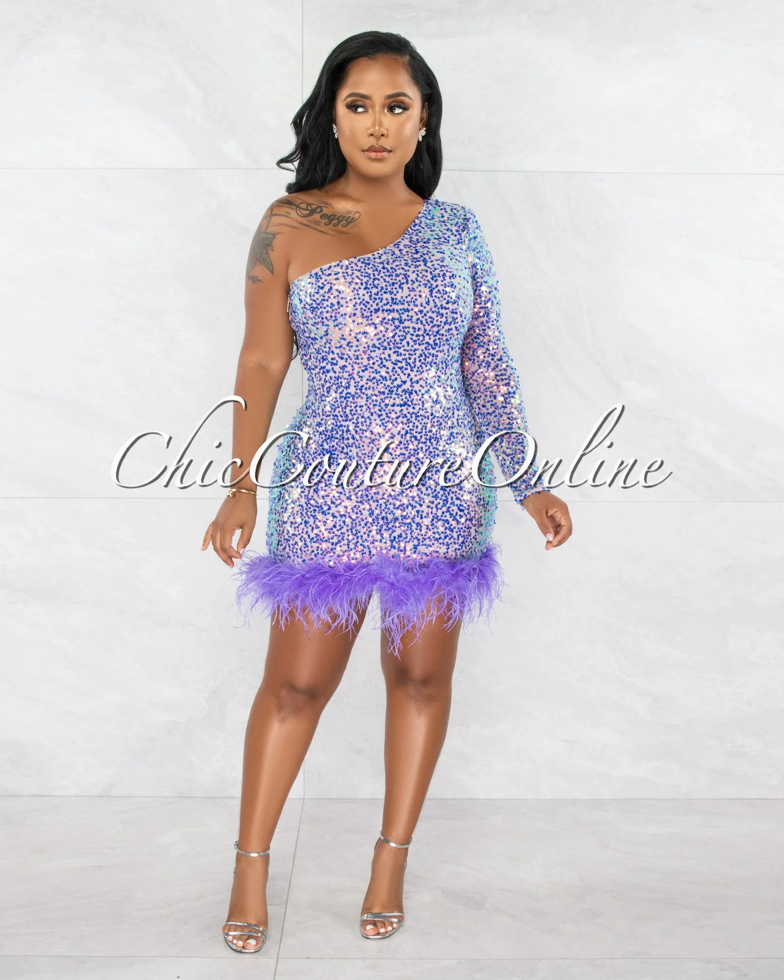 *Mylena Purple Sequins Feathers Hem Single Shoulder Mini Dress sold by Chic Couture product image thumbnail 3