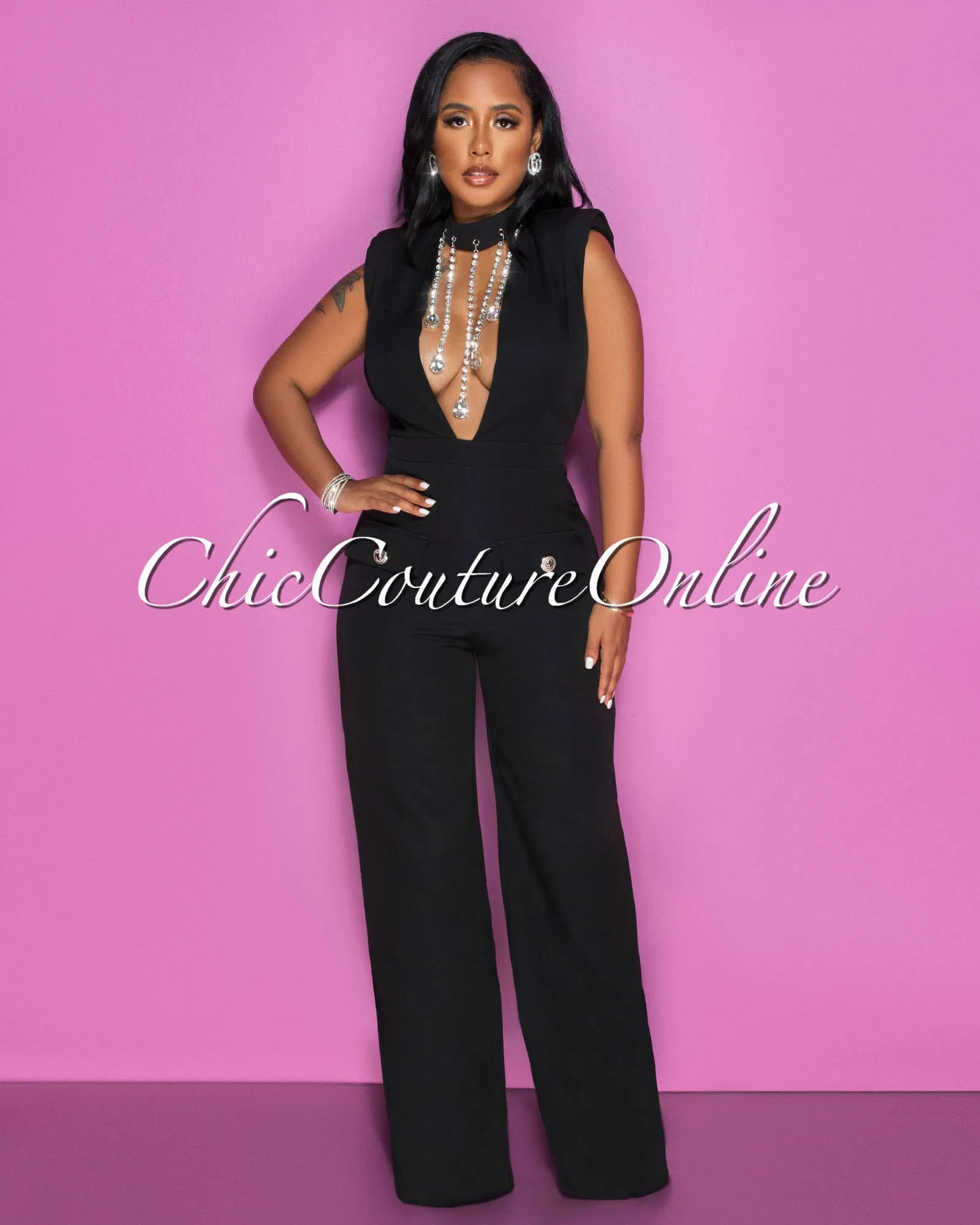 *Dionne Black Bust Rhinestones Accent Jumpsuit sold by Chic Couture
