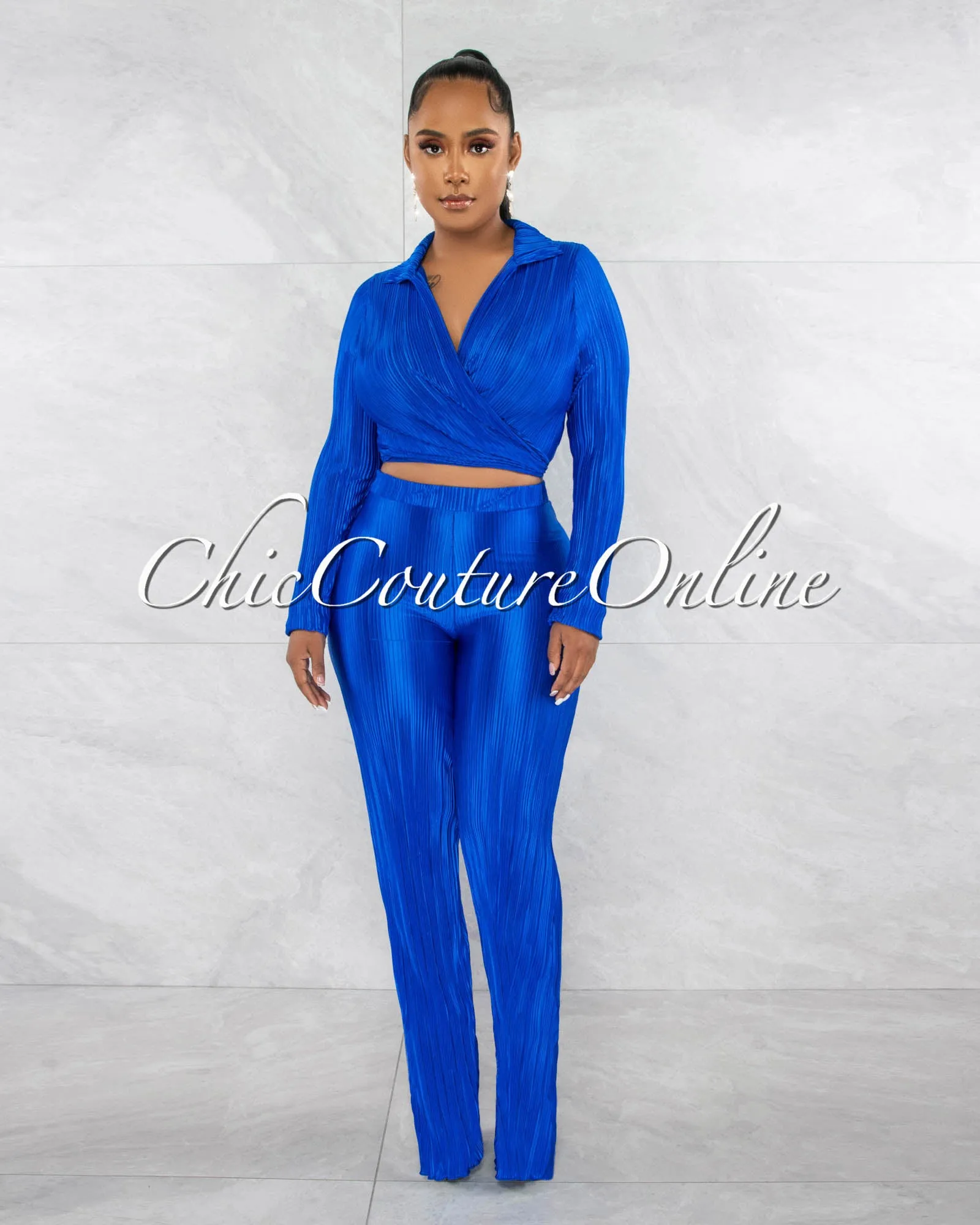 Rafael Royal Blue Ribbed Crop Top & Wide Pants Set sold by Chic Couture product image thumbnail 2