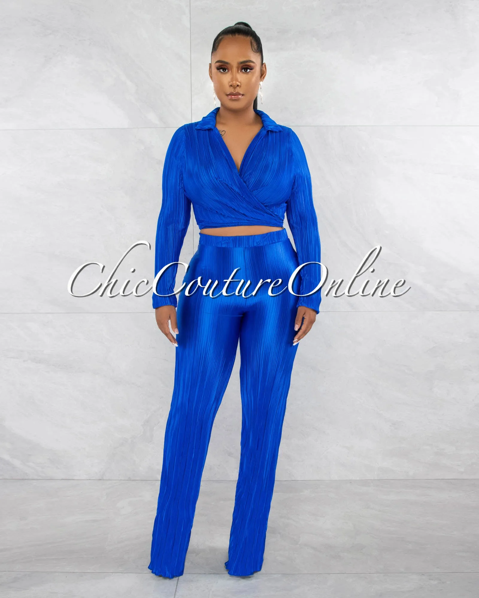 Rafael Royal Blue Ribbed Crop Top & Wide Pants Set sold by Chic Couture