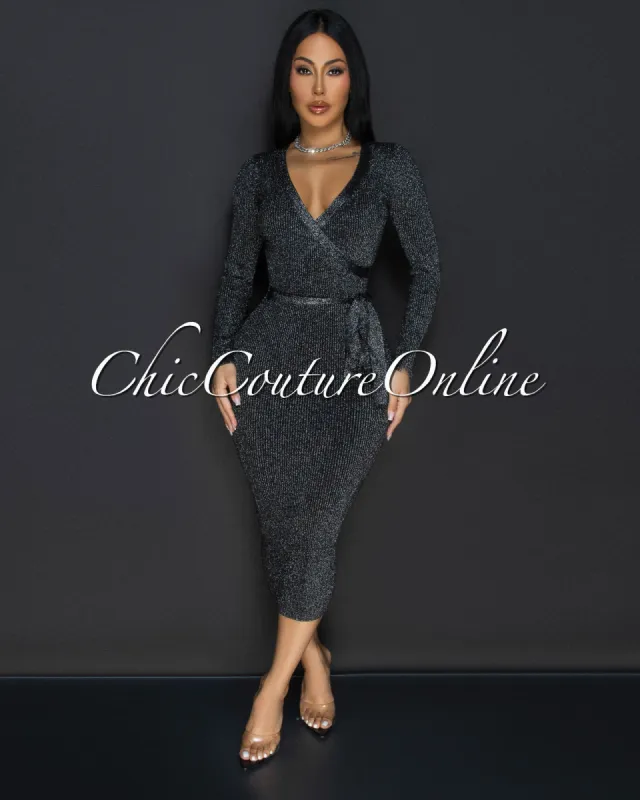 Eleanor Black Silver Shimmer Ribbed Midi Dress sold by Chic Couture