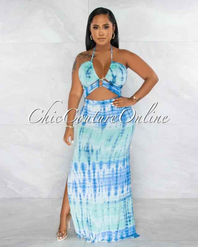 *Forest Green Blue Tie-Dye Ruched Cut-Out Maxi Dress sold by chic