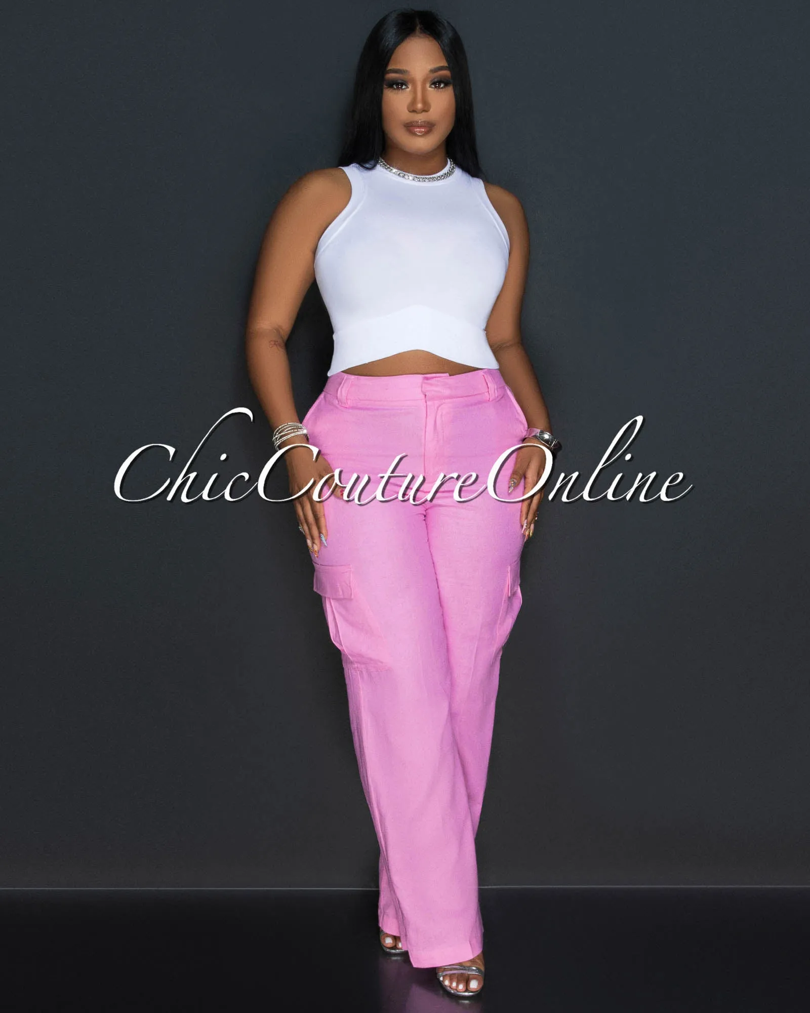 *Kerly Bubblegum Pink Cargo Linen Pants sold by Chic Couture product image thumbnail 2