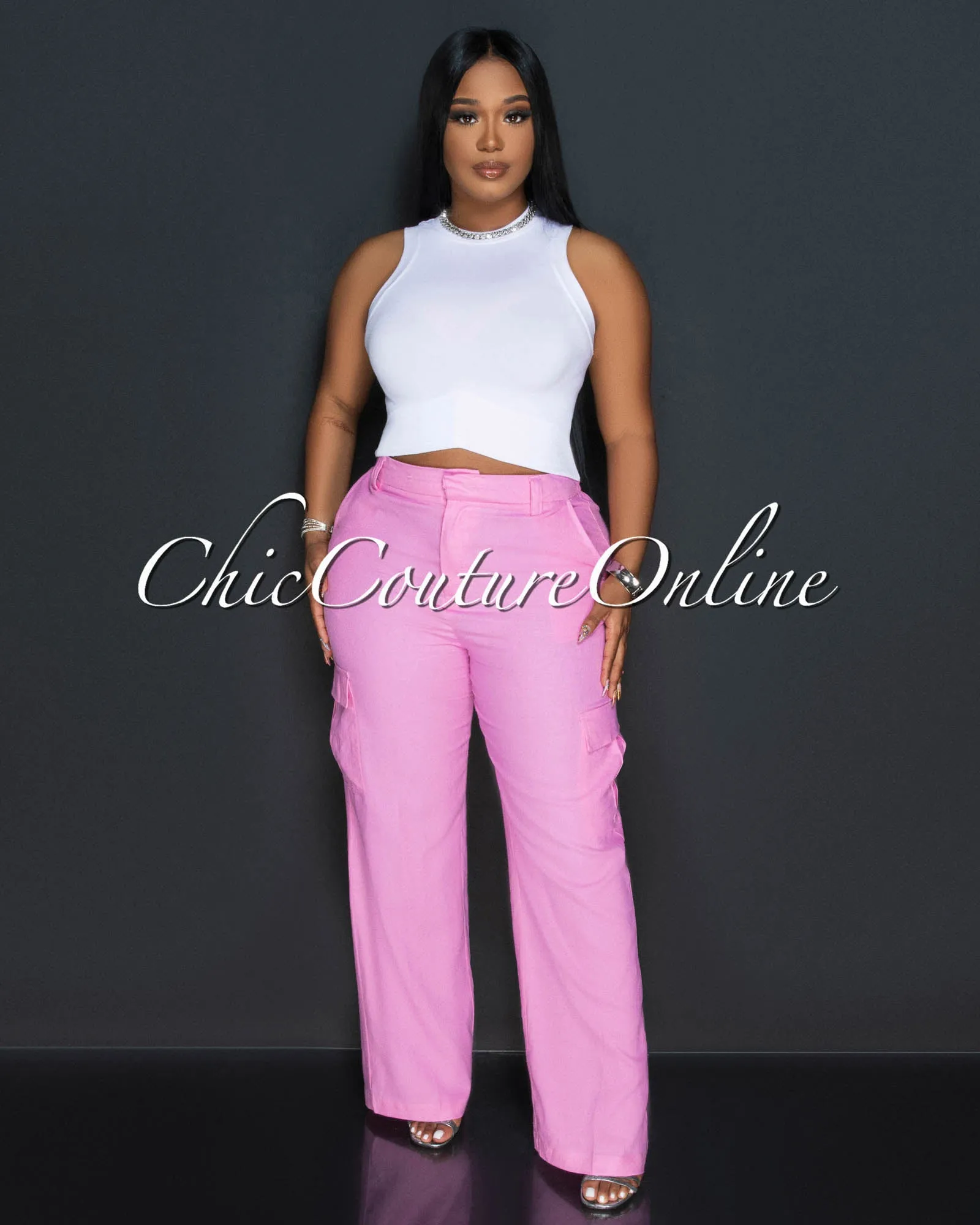 *Kerly Bubblegum Pink Cargo Linen Pants sold by Chic Couture