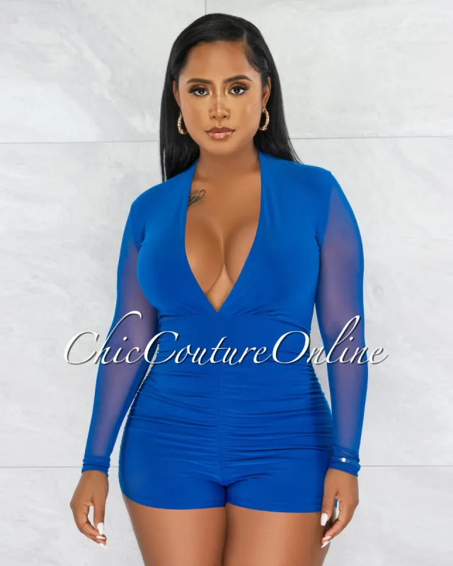 *Sicily Royal Blue Mesh Long Sleeves Ruched Romper sold by Chic Couture