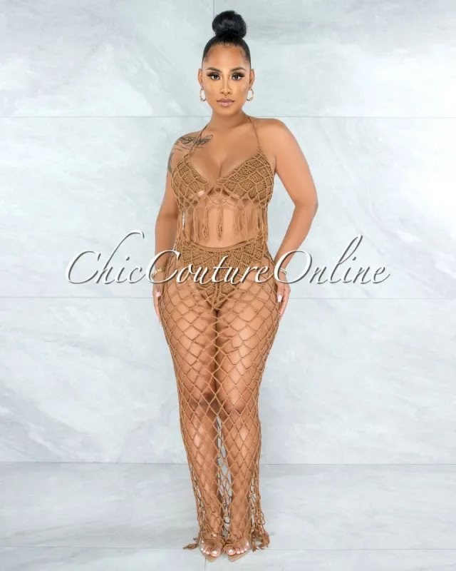 Rojas Mocha Crochet Cover-Up Fishnet Set sold by chic
