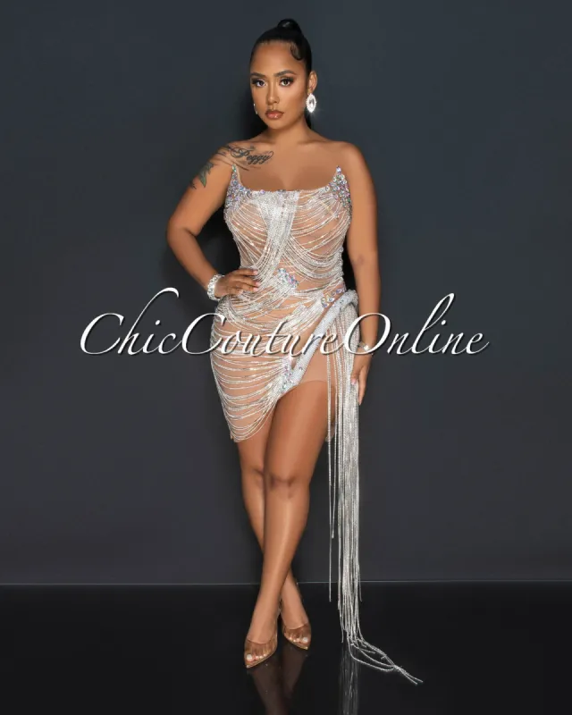 Lauren Nude Mesh Sheer Silver Rhinestones Mini Dress sold by Chic Couture