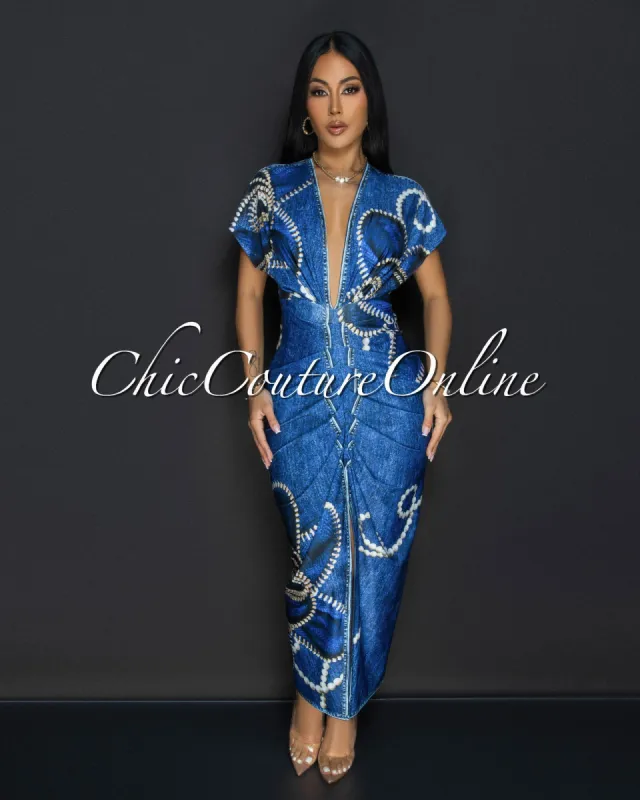 Kysha Denim Pearl Print Deep V Neck Maxi Dress sold by Chic Couture