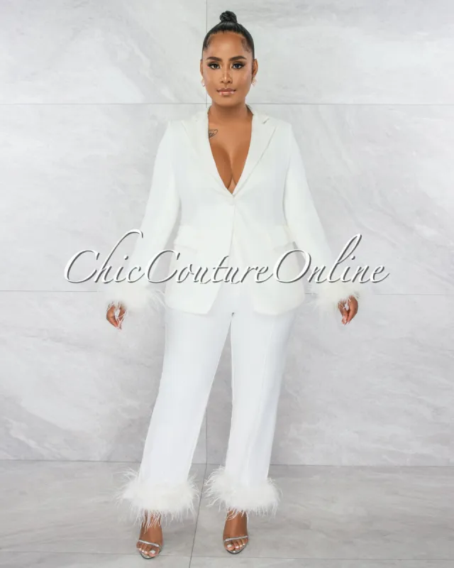 *Creeda Off-White Feather Cuffs Blazer & Feather Hem Pants Set sold by Chic Couture