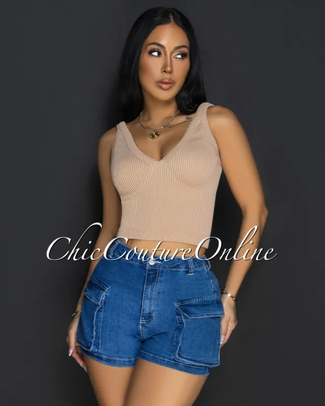 Lora Nude V Neck Ribbed Crop Top sold by Chic Couture